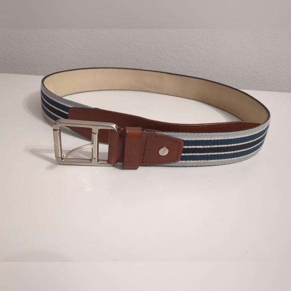 Lacoste Genuine Blue Striped Leather Belt, Size 36 - Picture 1 of 9